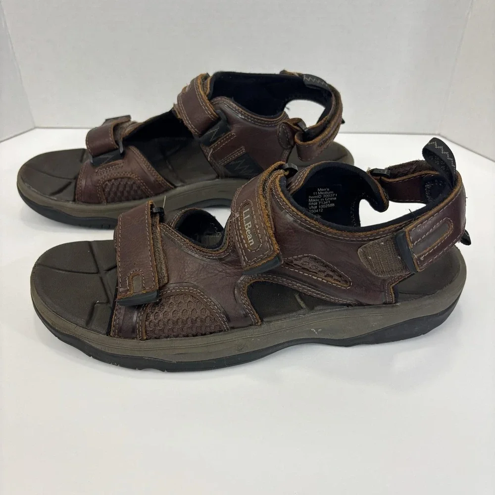 L.L.Bean Leather Hiking Sandals Mens Size 11 M Brown Hook Loop Comfort Shoes